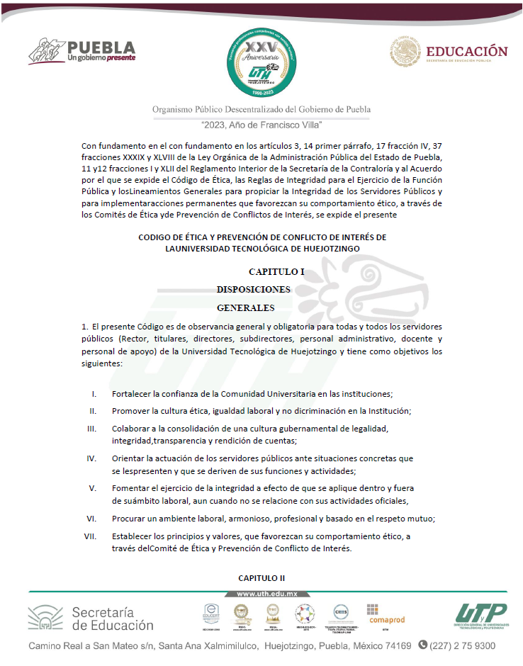 Código de Ética y Prevención de Conflicto de Interés de la Universidad Tecnológica de Huejotzingo
